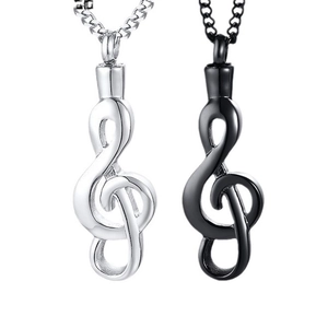Polished stainless steel treble clef musical note cremation urn necklace pendants