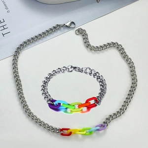 Collar Unisex de Acero Inoxidable y Acrílico Cadena de Eslabones Arco Iris Pulido Streetwear Joyería Accesorio de Moda