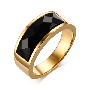 Stainless Steel Black Agate Ring For Men Women Gold Plated Geometric Polished Statement Band Jewelry Fashion Accessories