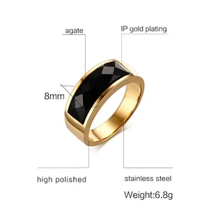 Men's 8mm gold plated stainless steel ring with rectangular black agate gemstone