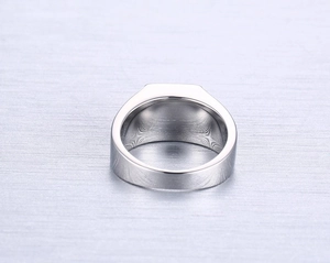Rear view detail of high-polished stainless steel men's ring with a wide solid band