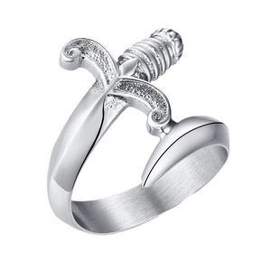 Punk style stainless steel dagger wrap ring with detailed hilt and polished blade finish