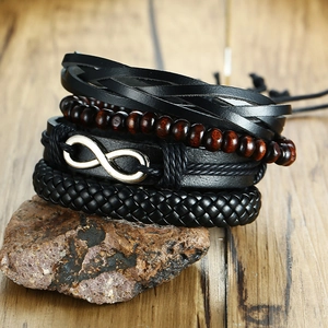 Set de bracelets vintage pour homme avec symbole infini et perles en bois sur pierre