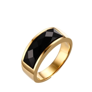 Gold stainless steel ring with rectangular black onyx stone and faceted geometric design