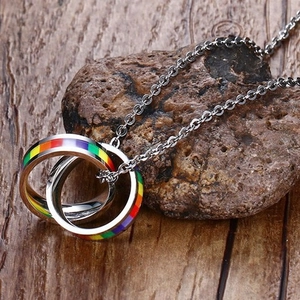 Rainbow stainless steel double interlocking ring pendant necklace on natural stone base