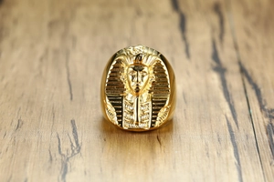 Detailed close-up of gold-plated stainless steel Egyptian Pharaoh Tutankhamun relief ring