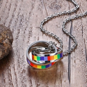 Rainbow interlocking double ring pendant necklace in polished stainless steel