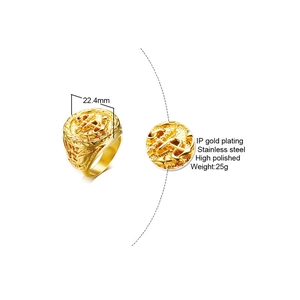 Macro detail of gold stainless steel anchor ring with dimensions and IP gold plating specs