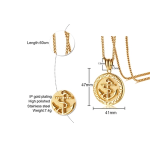 Detail of 41mm anchor pendant in gold IP plated stainless steel on a 60cm box chain