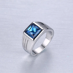 Men's Stainless Steel Ring Square Blue Rhinestone Inlaid High Polished Fashion Jewelry Signet Ring For Male Accessories