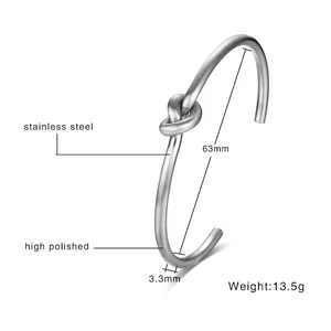 Minimalist polished stainless steel 3.3mm knotted cuff bracelet with a 63mm inner diameter