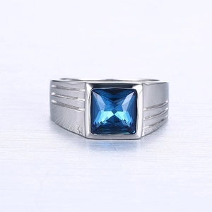 Men's stainless steel ring with square blue sapphire gemstone and ribbed metal band