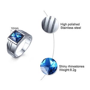 Men's polished stainless steel ring featuring a square blue rhinestone and grooved band