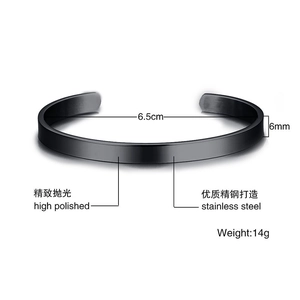Detailed view of 6mm black stainless steel C-shape cuff with dimensions and 14g weight
