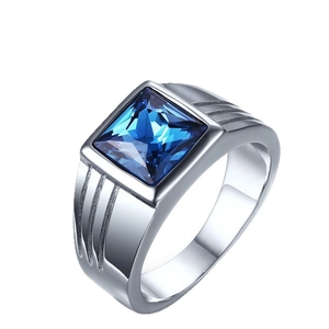 Polished stainless steel men's ring with square deep blue sapphire-cut gemstone