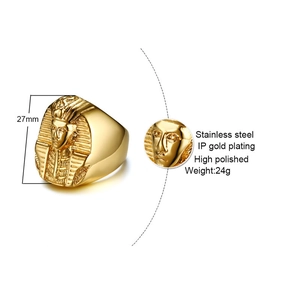 Golden Egyptian Tutankhamun Pharaoh stainless steel ring for men with 27mm high polished face