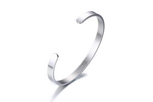 Detailed view of 6mm brushed stainless steel C-shape cuff bracelet with polished finish