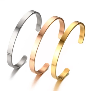 Three-color minimalist C-shaped stainless steel open bangles in silver, gold, and rose gold