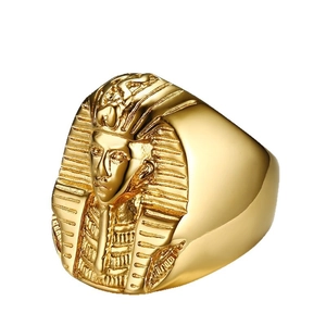 Polished gold Egyptian Pharaoh King Tutankhamun head ring for men in stainless steel