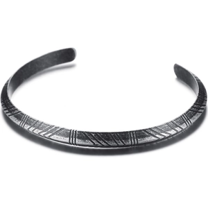Retro grey stainless steel open cuff bracelet with engraved tribal patterns for men
