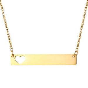 Polished gold stainless steel square bar necklace with hollow heart pendant for women