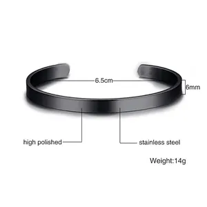 Black 6mm stainless steel C-shaped open cuff bracelet with matte finish and 6.5cm diameter