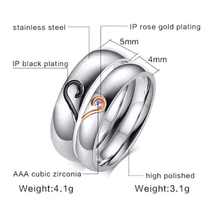 Bagues de couple en acier poli noir et or rose serties de zircons AAA étincelants