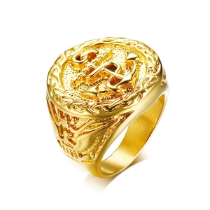 Men Vintage Stainless Steel Anchor Signet Ring Gold IP Plated Nautical Eagle Design High Polished Biker Jewelry Finger Ring