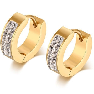 Boucles d'Oreilles Huggie en Acier Inoxydable Avec Double Rangée de Strass Or Couleur Acier Bijoux Femme Fête