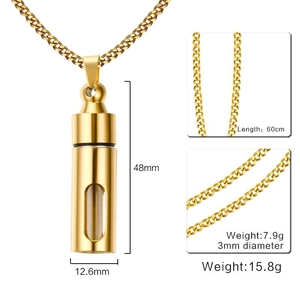 Pendentif bouteille de parfum en acier doré avec détails des dimensions et de la chaîne