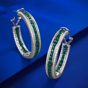 Elegant 925 sterling silver hoop earrings set with square emerald green gemstones