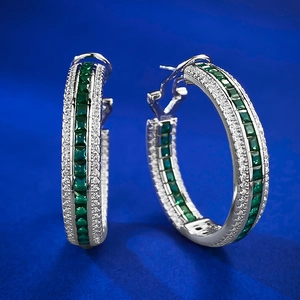 925 silver hoop earrings with emerald-cut green zircon and shimmering white pave accents