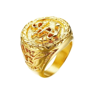 Gold stainless steel signet ring for men featuring detailed anchor and eagle engraving