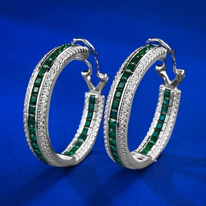 Luxury 925 Sterling Silver Emerald Green Hoop Earrings For Women Inlaid Geometric Row Rhinestone Jewelry Gift