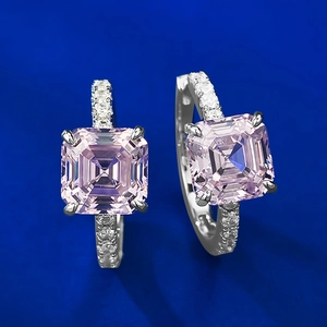 Boucles d'oreilles en argent 925 avec pierres roses taille Asscher et pavé de brillants