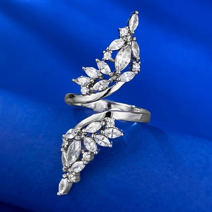 925 Sterling Silver Rhinestone Leaf Ring For Women Fashion Bypass Open Adjustable Inlaid Marquise White Stone Finger Ring Jewelry