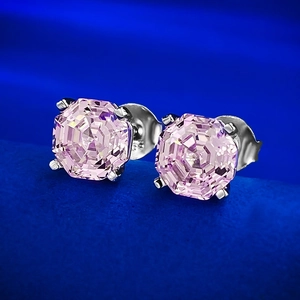 Detailed view of pink octagon cut earrings with 925 silver four-claw setting and S925 stamp