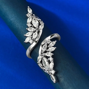 Adjustable S925 silver bypass ring featuring marquise and round-cut cubic zirconia stones