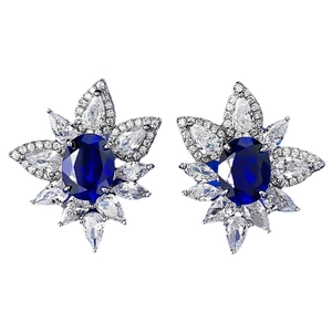 Classic S925 silver 2ct blue corundum oval stud earrings with radiant flower design