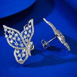 Elegant S925 silver hollow butterfly stud earrings with sparkling cubic zirconia pavé