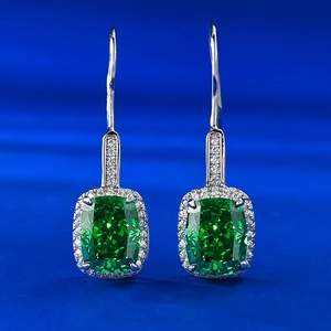 Elegant S925 silver emerald cut green stone drop earrings with sparkling halo accents