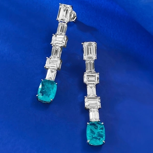 Boucles d'oreilles en argent S925 avec cristaux taille émeraude et gemmes bleu Paraïba