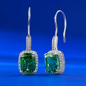 S925 silver hook earrings with cushion-cut emerald green gemstone and sparkling zircons