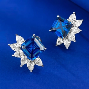 Boucles d'oreilles en argent 925 avec diamants carbone bleu roi taille princesse 8mm