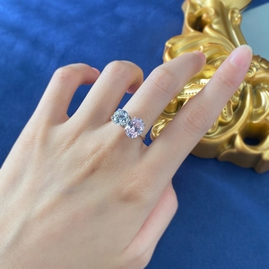 Elegant silver ring with double oval pink and blue high carbon diamond side by side