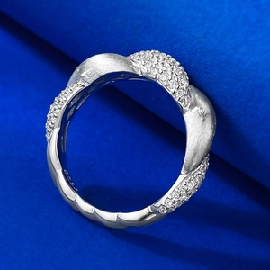 S925 sterling silver flower ring with brushed metal texture and sparkling pavé accents