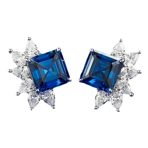Boucles d'oreilles en argent S925 avec pierre carrée bleue et cristaux en pétales