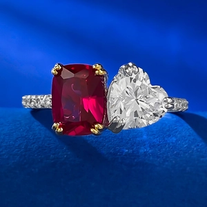 Luxury Toi Et Moi 925 Sterling Silver Ring For Women Red Rhinestone Cushion Cut Heart Gemstone Double Stone Finger Ring Jewelry