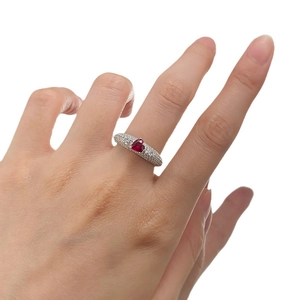Luxurious 925 silver ring featuring a 5mm heart-shaped ruby and pavé diamond setting