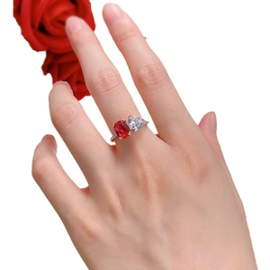 S925 silver double stone ring with rectangle red gem and heart-shaped clear crystal